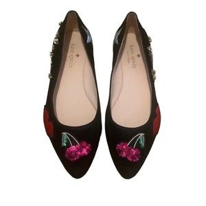 Kate Spade Meow, Cherries, Lips Embellished Black Suede Flats (Size 5M)